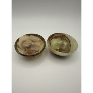 Set of 2 Vintage Hand Carved Banded Onyx Stone Mini Bowls Green Brown 3 Inch